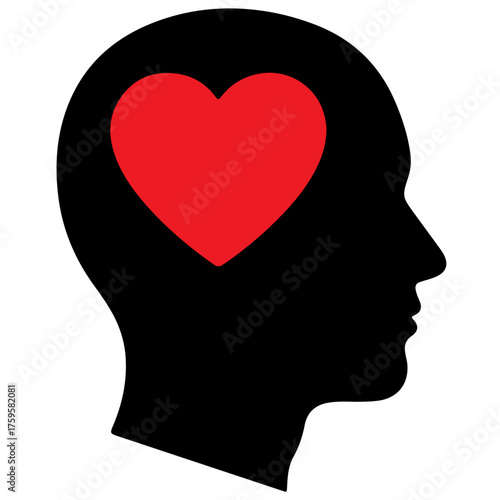 Love, Emotion, and Passion Black Head Silhouette with Red Heart Graphic, Human Profile with Heart Inside Vector Icon - Mental Health and Feeling Concept, psychology, wellness, relationships.