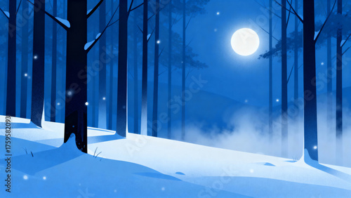 Modern digital illustration of a winter forest at night under moonlight, glowing snow and soft mist, cool blue tones, elegant cinematic composition. 