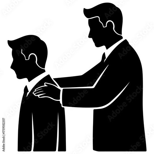 Empathy, Comfort, and Professional Support Silhouette Icon, Businessman Consoling Colleague Vector Graphic, empathy, mental health, workplace wellness, leadership, consolation, and friendship.