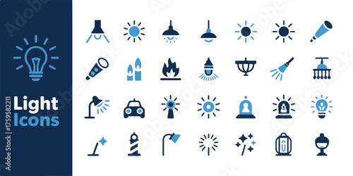 Various blue light icons set on white background, 24 modern lamps, bulb, lamp, sun, flame, laser, neon, led, chandelier, lantern, traffic light, spotlight, vector illustration.