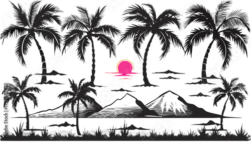 Stunning tropical island getaway with silhouetted palm trees and sun setting over calm water, perfect for travel posters and summer vacation promotions
