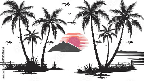 Tropical sunset paradise with palm trees and silhouettes, perfect for vacation vibes, travel inspiration, or a serene coastal escape, originally a scalable graphic