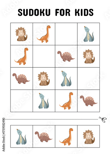 Sudoku puzzle worksheet for kids featuring four cute dinosaur characters in a 4x4 grid to encourage logic, memory, and early learning skills