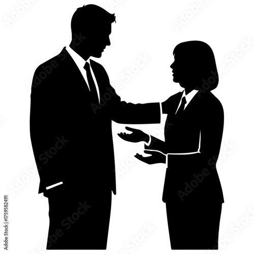 Professional Man and Woman Talking and Discussing Silhouette, Vector Illustration of Corporate Communication and Workplace Interaction, workplace dynamics, teamwork, management, and corporate.