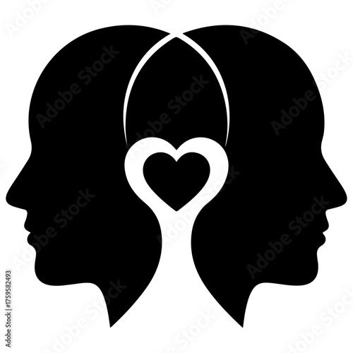 Two Heads Silhouette with Shared Heart Icon for Empathy and Connection, Vector Concept of Mutual Love, Relationship, and Emotional Bonding, psychology, therapy, marriage, and teamwork concepts.