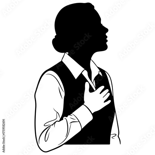 Female Executive with Hand on Heart Black Silhouette - Pledge, Sincerity, and Oath Graphic, themes of business ethics, commitment, trust, and patriotism.
