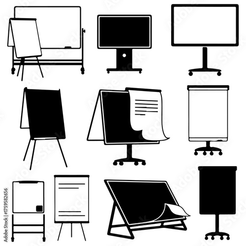 Business Presentation and Meeting Screen Vector Icon Set, 
Office Display, Whiteboard, and Flip Chart Black Graphics, business, education, training, conference, and corporate settings.