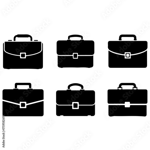 Vector Set of Business Briefcase and Portfolio Black Icons, 
Collection of Classic and Modern Attache Case Silhouettes, finance, career, banking, law, corporate work, travel, success, and professional