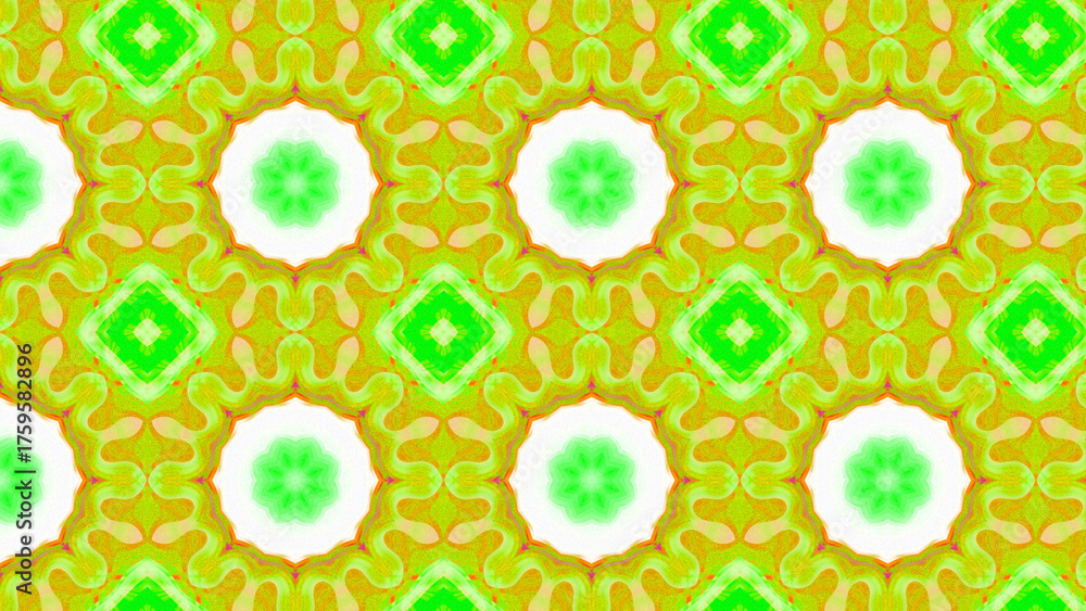 Fototapeta premium Seamless psychedelic kaleidoscope pattern with neon green, pink and orange mandala symmetry