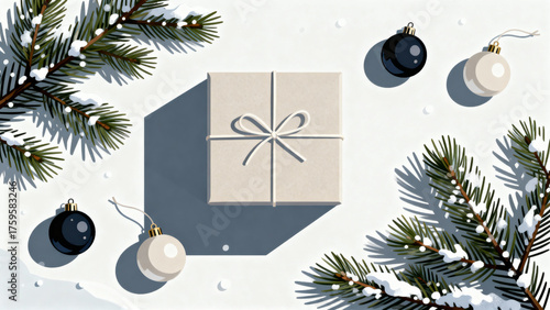 Modern digital flat lay of winter gifts, pine branches, and ornaments on a clean background. Soft shadows, Scandinavian pastel palette, high-end aesthetic