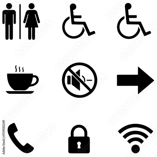 Essential Public Signage and Facility Icon Set Vector Collection, Black Glyph Symbols for Restrooms, Accessibility, and Direction, public signage, maps, business guides, application user interfaces.