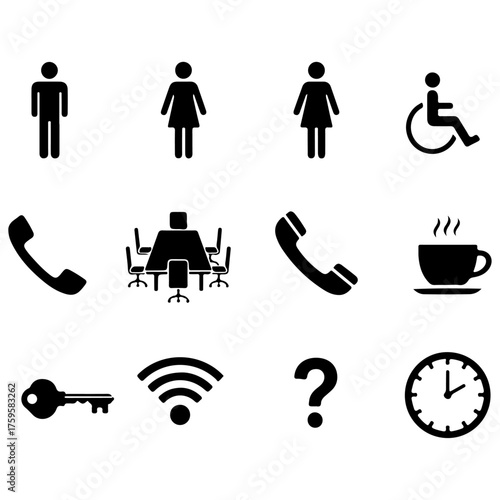 Public Signage and Office Icon Set: Vector Collection for Facilities and Business, Black Glyph Symbols for Restrooms, Meetings, Phone, WiFi, and Recycling, public signage, maps, business presentations