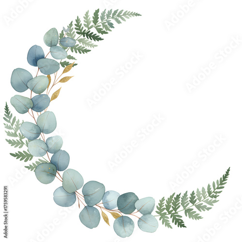 Watercolor Eucalyptus And Fern Crescent Moon Elegant Floral Frame Illustration