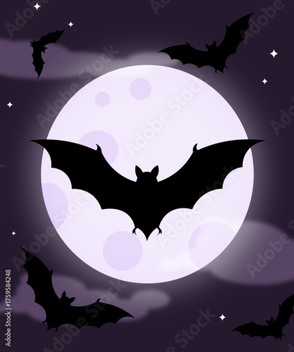 Black Bat Silhouette Flying in Front of a Full Moon