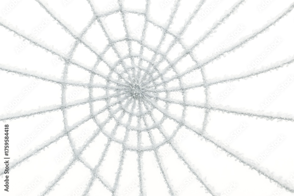 Obraz premium Frost-Covered Spider Web Macro – Intricate Ice Patterns on White Background, Delicate Winter Texture