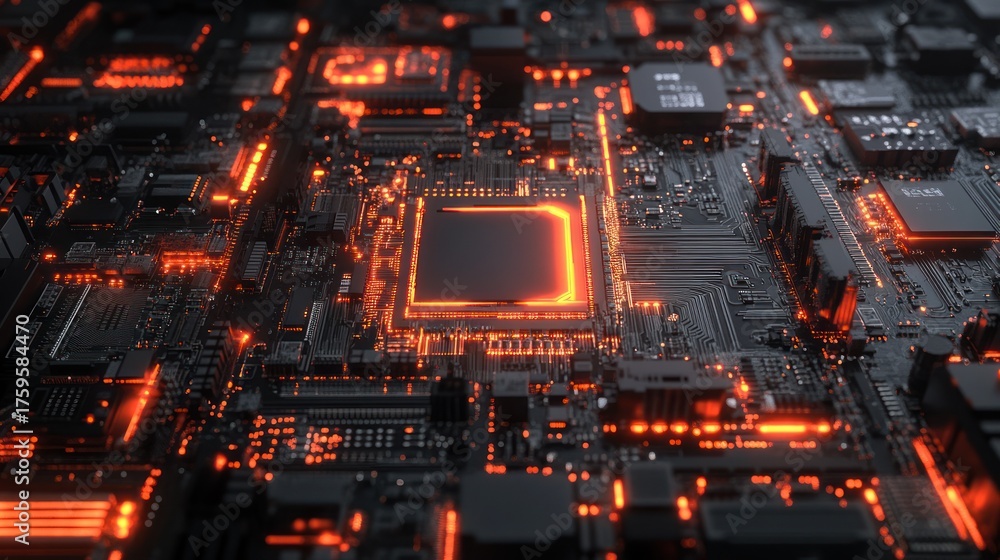 Obraz premium Illuminated Circuit Board with Processor, High Tech Background