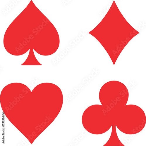 Four red playing card suits spades hearts diamonds clubs isolated on white background