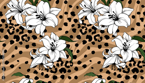 Seamless leopard and flower pattern. Floral pattern.
