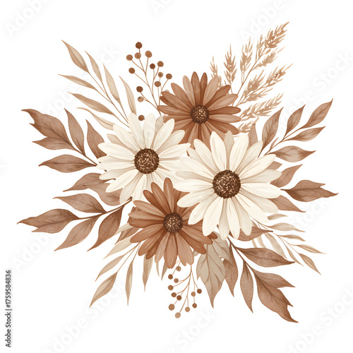 Elegant Floral Arrangement Featuring Daisies And Leaves In Earthy Brown Tones