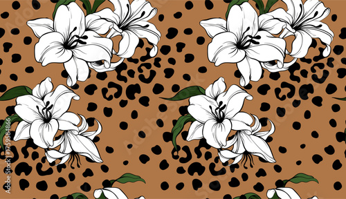 Seamless leopard and flower pattern. Floral pattern.