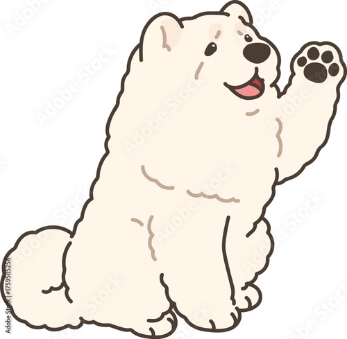 Simple and adorable white Chow Chow dog illustration waving hand