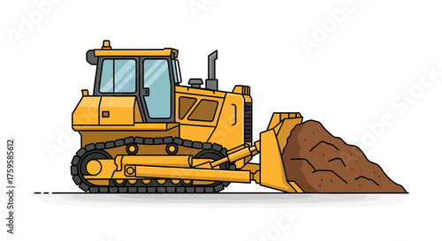Yellow bulldozer pushing a mound of dirt in a flat illustration