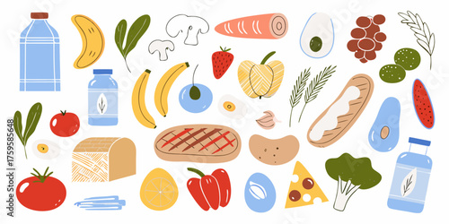 A vibrant collection of hand drawn food items and drinks arranged in a playful scattered pattern