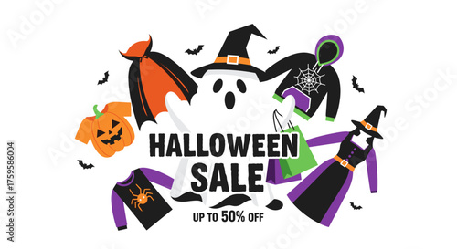Halloween Sale promo with a friendly ghost festive costumes and shopping bags perfect for seasonal discounts and retail