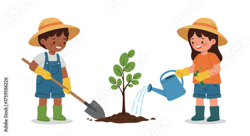two children planting a small tree, holding shovels, wearing gardening gloves and straw hats, one pouring water from a blue watering can, smiling faces