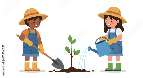 two children planting a small tree, holding shovels, wearing gardening gloves and straw hats, one pouring water from a blue watering can, smiling faces