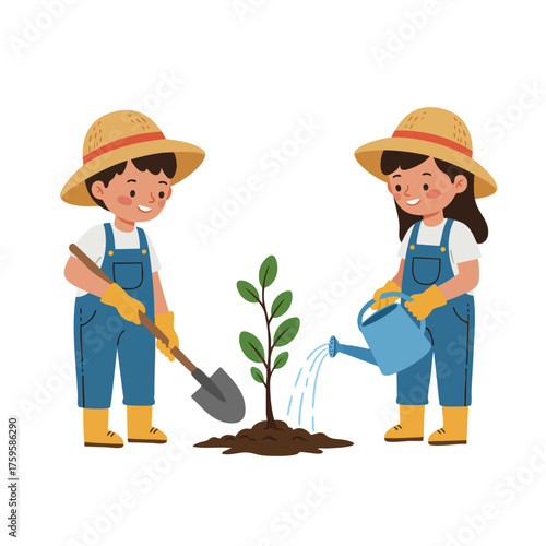 two children planting a small tree, holding shovels, wearing gardening gloves and straw hats, one pouring water from a blue watering can, smiling faces