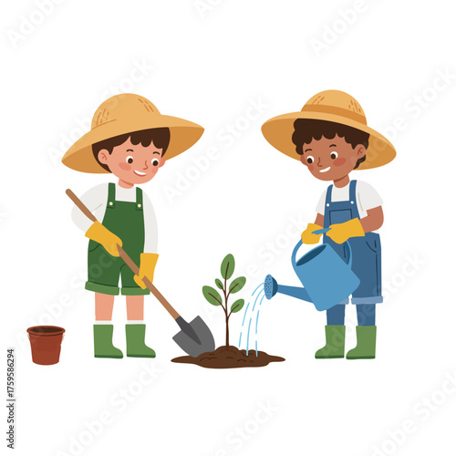 two children planting a small tree, holding shovels, wearing gardening gloves and straw hats, one pouring water from a blue watering can, smiling faces