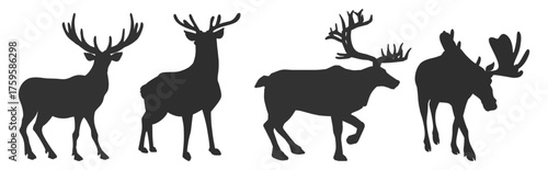 Deer and elk silhouette set. Wild forest animal shapes with antlers vector illustration on transparent background