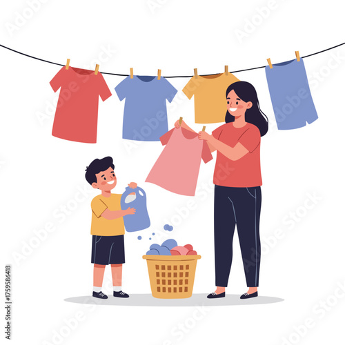 a boy helping his mom hang clothes on a clothesline, colorful clothes fluttering, smiling faces, laundry basket beside