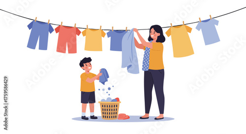 a boy helping his mom hang clothes on a clothesline, colorful clothes fluttering, smiling faces, laundry basket beside