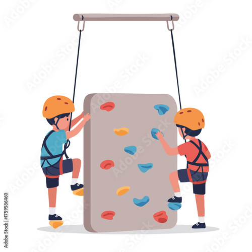 two kids climbing a small rock wall for children, wearing helmets and safety belts