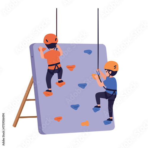 two kids climbing a small rock wall for children, wearing helmets and safety belts