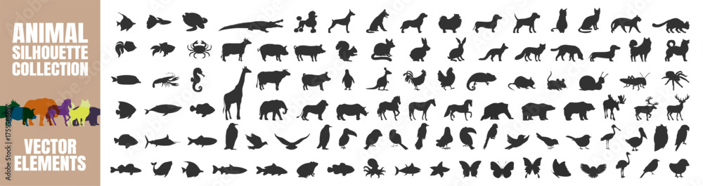 Naklejka premium Big animal silhouettes collection. Various wild, sea and domestic species vector illustration on transparent background
