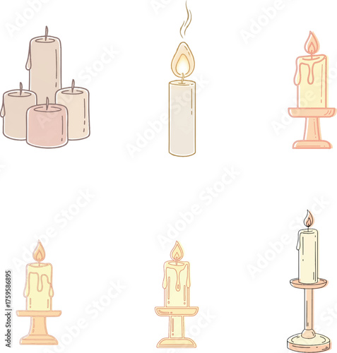 A collection of six minimalist illustrations depicting various candles, some lit with flames and dripping wax, others unlit, presented in a soft pastel color palette.