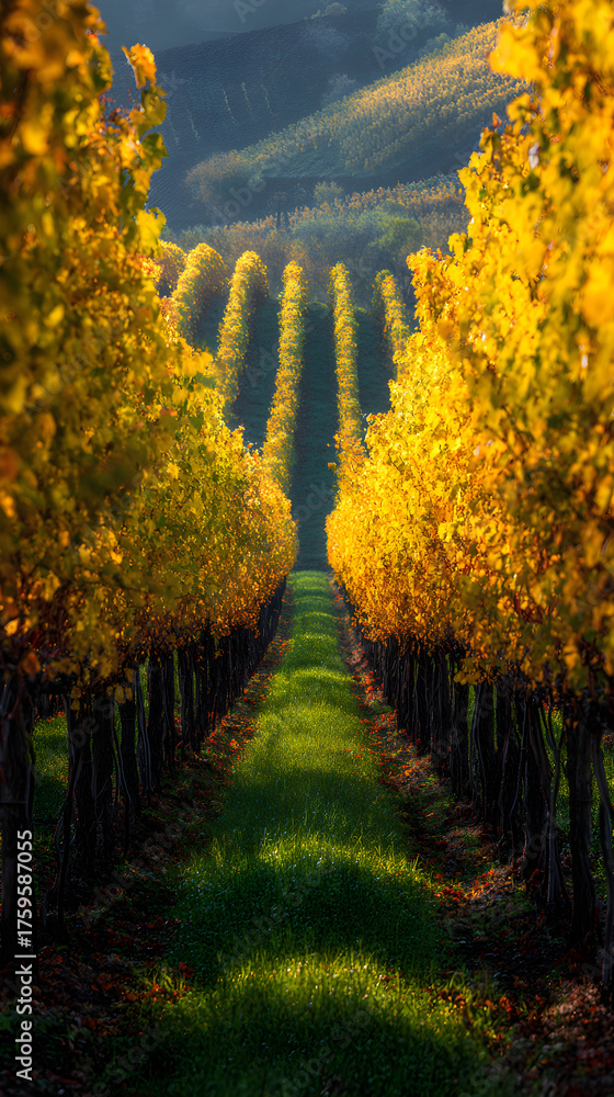 Naklejka premium Exploring the Enchantment f Grape Vineyards in Fall:A Journey through Harvest' Vibrant Rows and Rich Autmn Hues under Golden Sunliht in a Serene Landscape