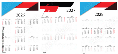 Calendar Design for Years 2026 2027 and 2028 Featuring Modern Geometric Shapes in Red Blue and Black Offering a Versatile and Organized Scheduling Solution