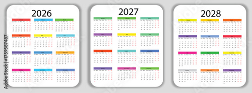 Calendar Templates for the Years 2026 2027 and 2028 Planning and Organization with Colorful Month Headers and Clear Date Layouts for Professional and Personal Use