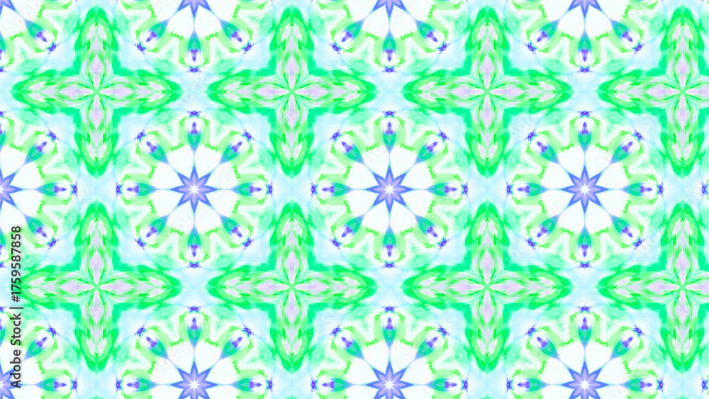 Fototapeta premium Seamless psychedelic kaleidoscope pattern with neon green, pink and orange mandala symmetry