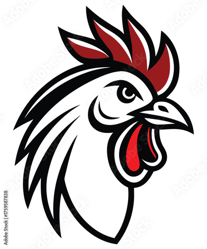 Detailed Vector Illustration of a Rooster Head with Bold Outlines and Red Crest for Mascot Designs or Agricultural Concepts Depicting Poultry