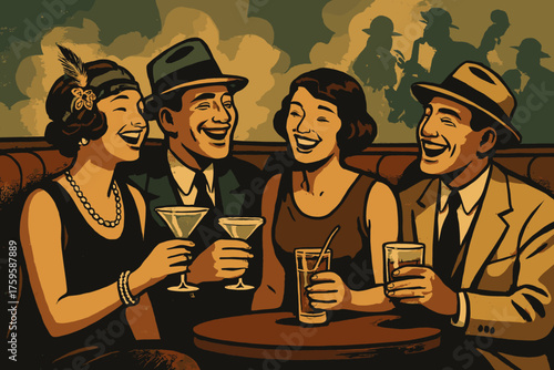 Speakeasy booth group hand jazz visible gathering laughing gathered vector faintly illustration