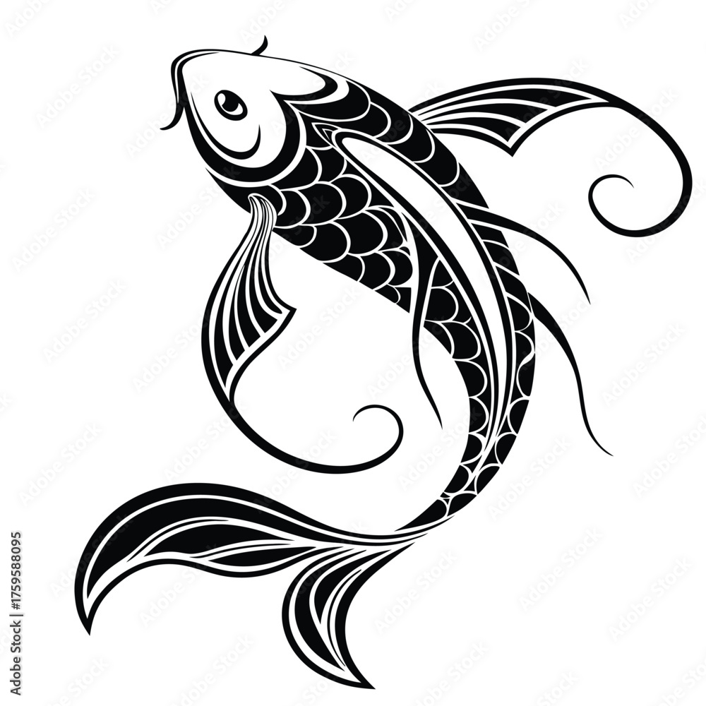 Fototapeta premium Elegant Black and White Koi Fish Illustration Depicting Grace and Symbolism a Decorative Tattoo Design for Art Enthusiasts