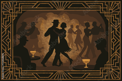 Dancers interior silhouetted vector inspired deco illustration pattern art framing speakeasy