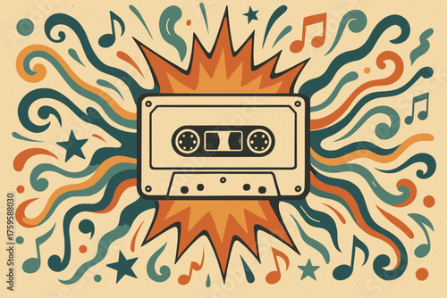 Stylized surrounded cassette explosion retro sound radiating shapes waves stars vector abstract