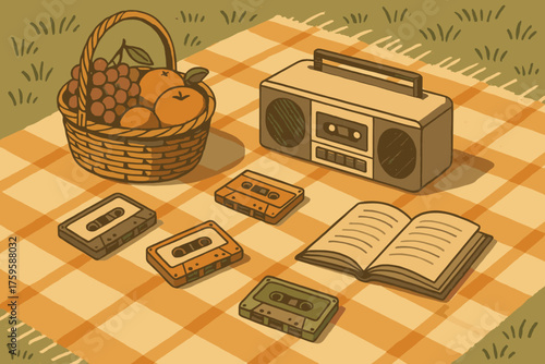 Player vector picnic scattered fruit illustration retro scene around mood tapes basket