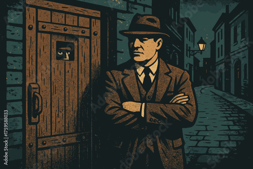 Vector speakeasy moody scene peek doorman heavy door street vintage illustration outside